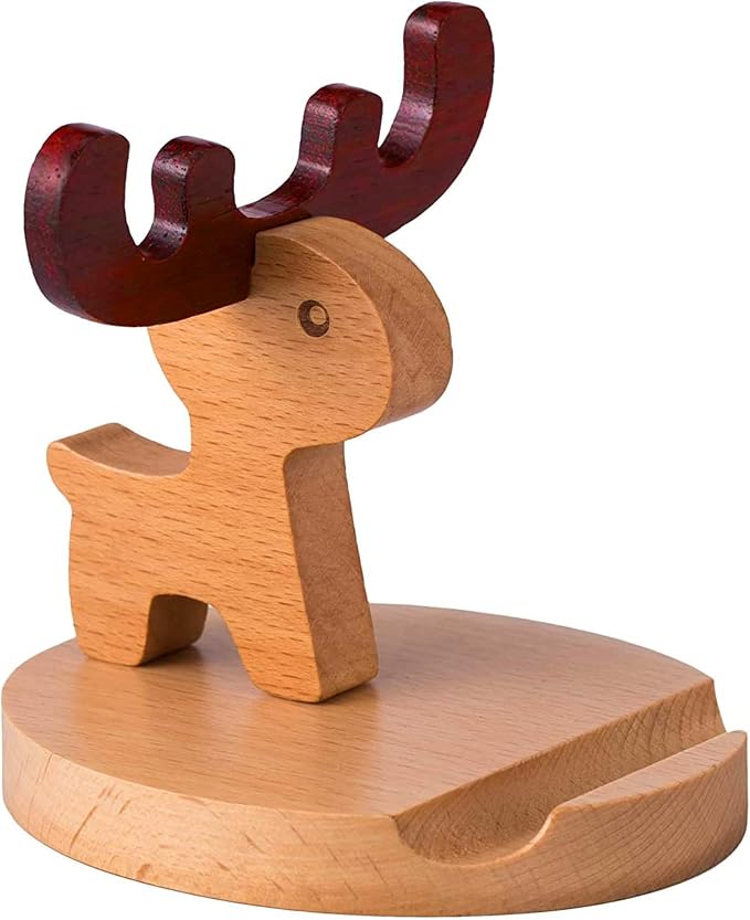 Cell Phone Tablet Wood Stand Dock Holder Cradle Mount Organizer Charger Station NightStand Table Desk Room Office School Kitchen Non-Slip Wooden (Deer)