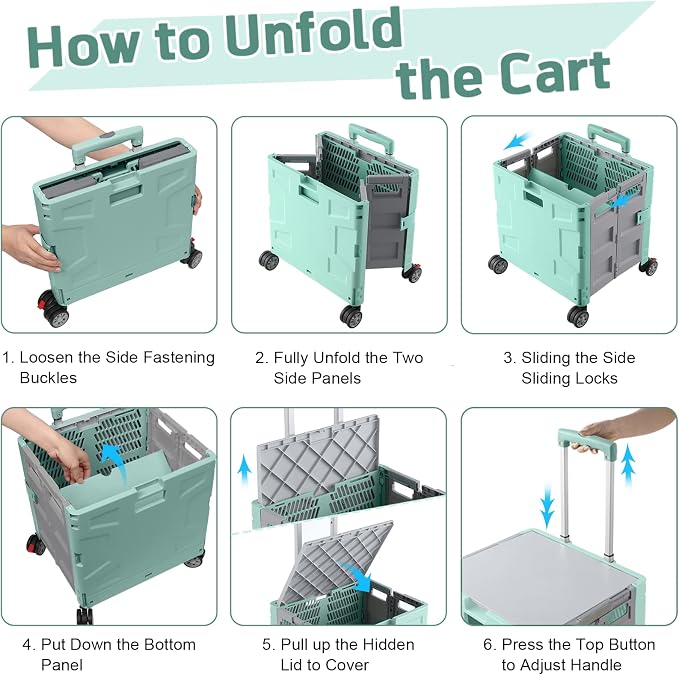 FELICON Folding Utility Cart Rolling Crate Handcart Basket Tote-Green+Gray | Collapsible Hidden Lid,Plastic Box,Telescoping Handle,4 Rotate Wheels for Travel Shop Move Grocery Laundry Office Teacher Use