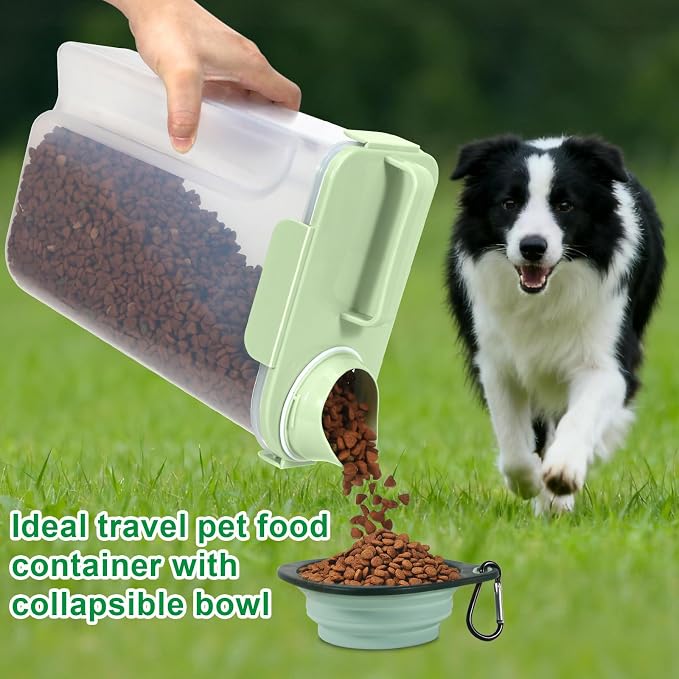 TBMax Travel Dog Food Storage Container 5 lbs with Dog Bowl, Airtight Pet Cat Food Storage Dispenser with Large Spout & Measuring Cup for Kibble Dog Treat Bird Seed Container -Green