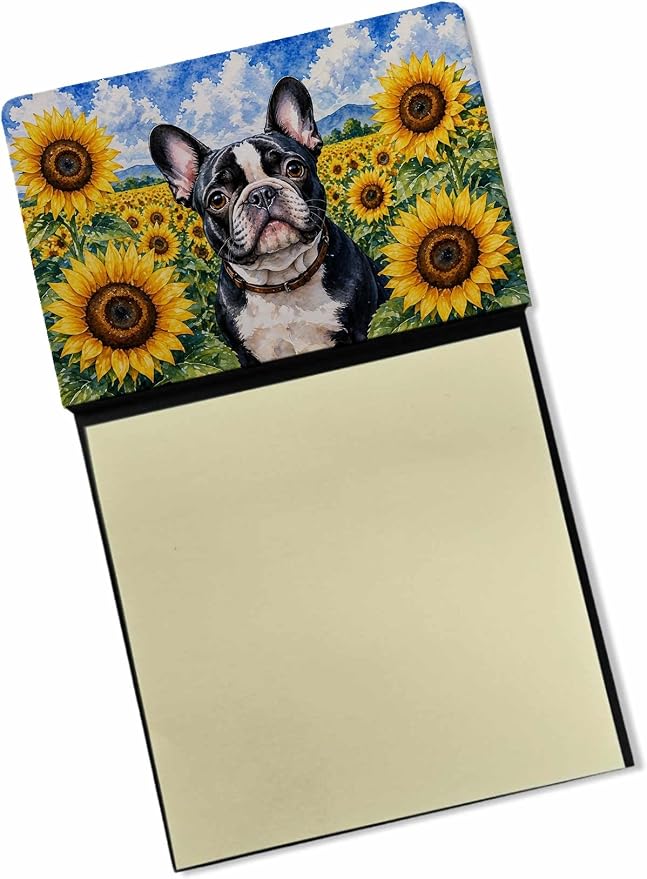 Caroline's Treasures French Bulldog in Sunflowers Watercolor Sticky Note Holder Refillable Dispenser Desk Accessory 3x3 Pad Gift