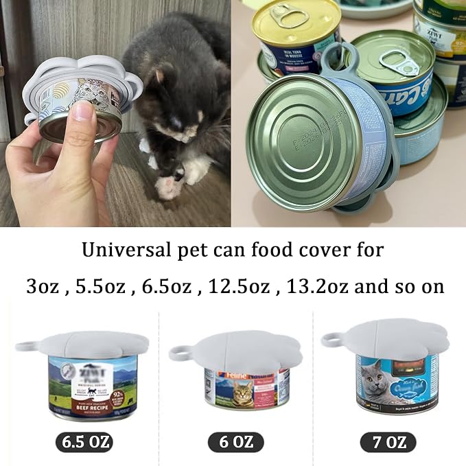 3 Pcs Cat Food Can Covers & One Can Opener | Cute Paw Shape Lids and Opener Spatula Cat Wet Food Spoon | Universal BPA Free Silicone Spoon & Covers for Dog Cat Cans(Grey)