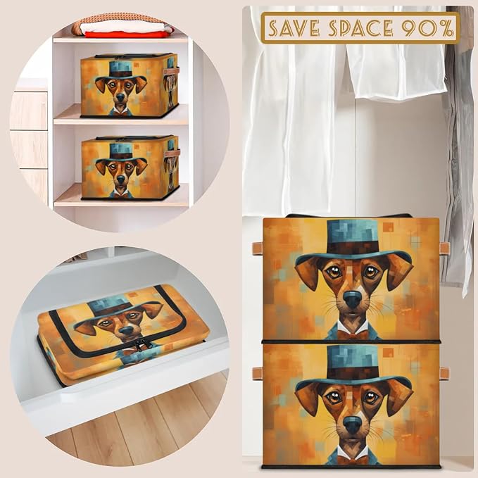 Pardick Gentleman Dog Storage Bin Storage Basket with Zipper Lid Collapsible Cloth Organizer Closet Shelf Basket Cube Bins Dustproof Clothes Organizer for Bedroom, Nursery