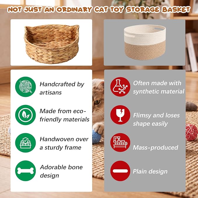 16×12×5 Inch Handwoven Cat Head Toy Storage Basket Natural Woven Bin Organizer for Gift Pet Toy Towels Blanket Clothes