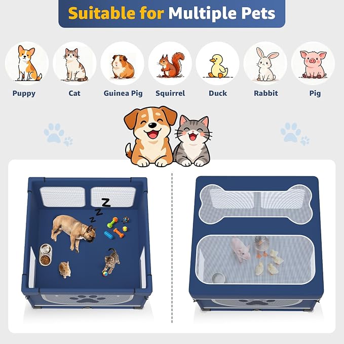 LOOBANI Foldable Dog Playpen with Cover, 1 Min Setup, 43.3"x43.3"x27.1" | Blue Pet Puppy Playpen Indoor, Sturdy Reinforced Steel/Iron Frame, Portable Whelping Box For Home Dog Cat Rabbit, Patented
