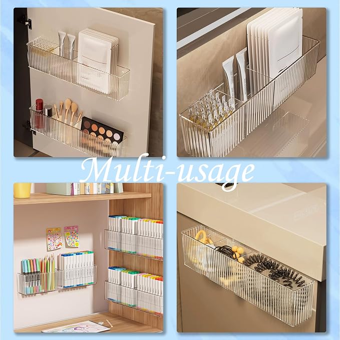 Lae Nuvole Wall Organizer, 2-Pack Clear Adhesive Shelves for Narrow Space | 3 Compartments, Slim 2.28" Depth, No-Drill Adhesive Mount, renter friendly, for Bathroom Vanity, Office, Cabinet Door