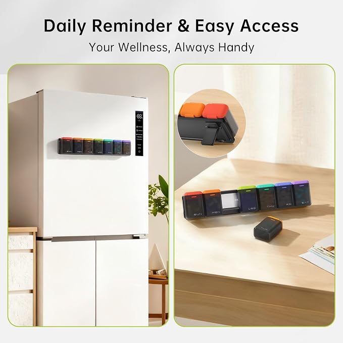 KOVIUU Weekly Pill Organizer, Magnetic Medicine Vitamin Case 1 Time a Day | Week Once Daily Supplement Box, Removable Medication Container Holder for Fridge, 7 Day Large Travel Pill Dispenser, Black