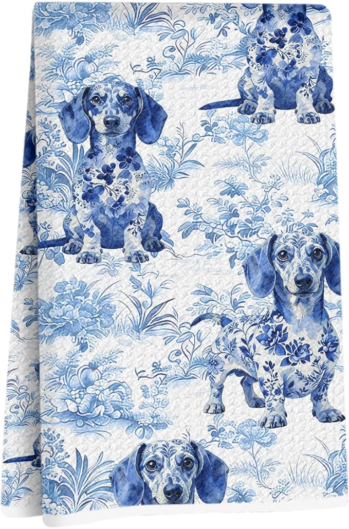 Hanamiya Na Chinoiserie Dachshund Kitchen Towels 24x14 Inch, Dachshund Gifts Reusable Dish Towels for Kitchen Decor, Blue and White Floral Waffle Weave Hand Towel, Weiner Dog Gifts for Women Mom