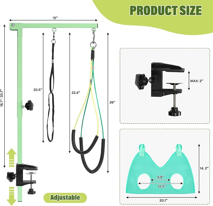 getlstub Dog Grooming Arm with Pet Grooming Hammock, 35" Pet Grooming Table Arm with Adjustable No Sit Haunch Holders, Dog Grooming Stand with Loop Noose for Small and Medium Pets, Green