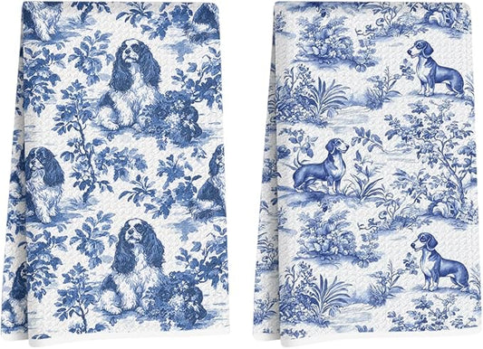 2 Pcs Chinoiserie Cavalier King Charles Spaniel Kitchen Towels 14x24 Inch, Blue and White Floral Dachshund Decorative Dish Tea Towels, Grand Millenial Botanical Dog Hand Towels for Kitchen Bathroom