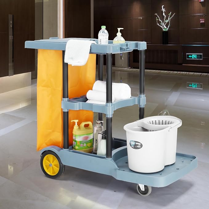 TUFFIOM Extra Large Commercial Traditional Cleaning Janitorial 3-Shelf Cart, 500 Lbs Housekeeping Cart, 42.5" L x 18.7" W x 37.6" H, Wheeled with 22 Gallon Yellow Vinyl Bag and Cover w lid, Blue