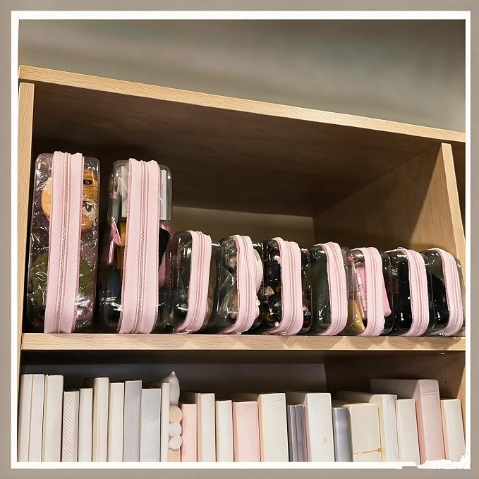 4 pcs Clear Hard Shell Zipper Case, Water-Resistant Travel Makeup Bag, Diaper Bag Organizer Pouches,Clear Toiletry Bags (Pink)