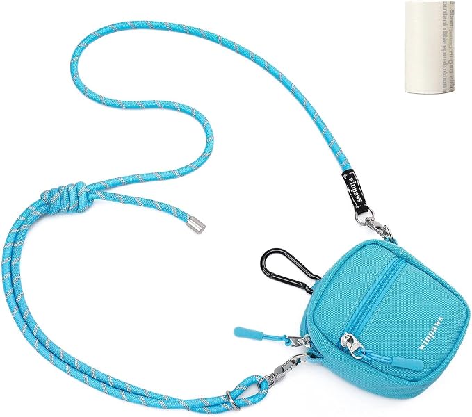 Dog Treat Pouch with Poop Bag Holder, Small Crossbody Bag for Puppy Training and Walking, Shoulder Strap Can Use as Dog Leash- Pet Travel Accessories, Metal Carabiner Attached (Blue) | 900D Oxford Fabric