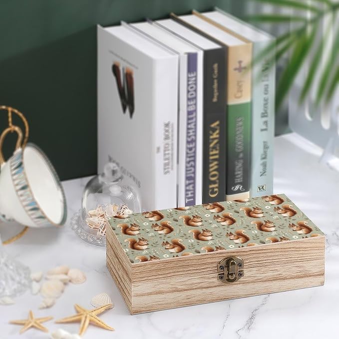 Wooden Keepsake Storage Box Memory Boxes with Hinged Lid, Squirrel Floral | Small Jewelry Craft Organizer Case, Decorative Wood Gift Box, Wedding Party Holiday Supplies, 9.2x5.5x3.9 Inch