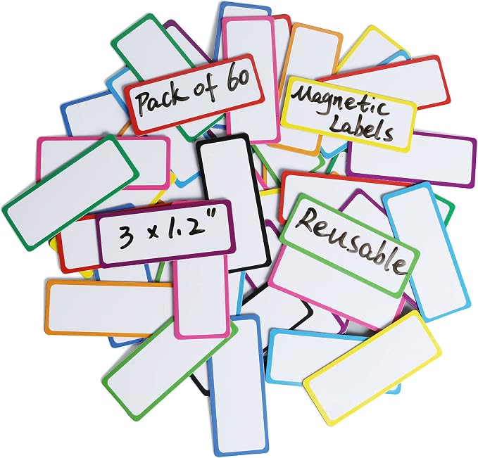 Dry Erase Magnetic Labels-60 PCS Reusable and Writable Name Magnets | 3"x1.2" color-framed labels for metal lockers and refrigerators, perfect for Home, office, school organization