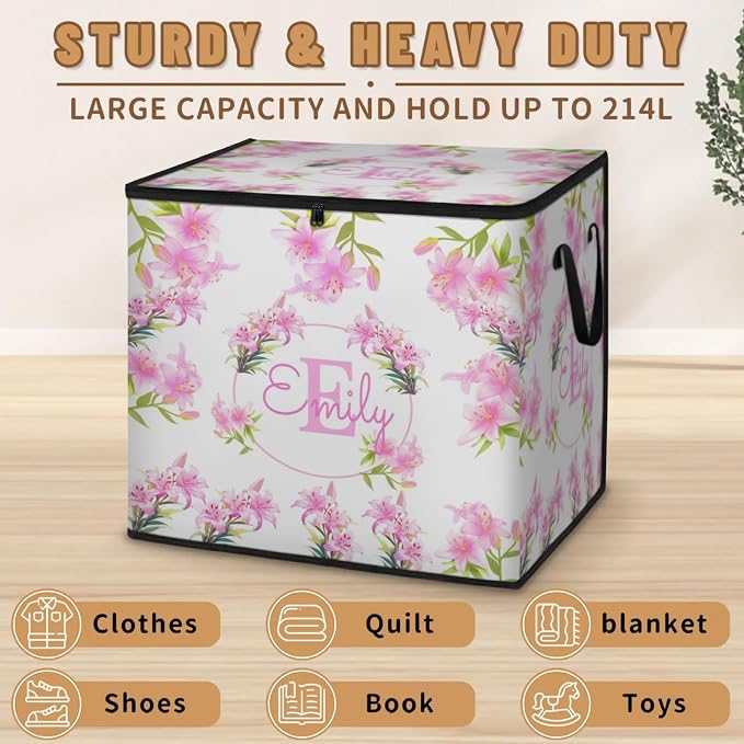 Personalized Extra Large Storage Basket with Lid, Comforters, Bedding Toys Storage Bin with Handles for Home, Collapsible Basket for Clothes, Moving, Car Trunk, Bright Violet Pink Lily Flower