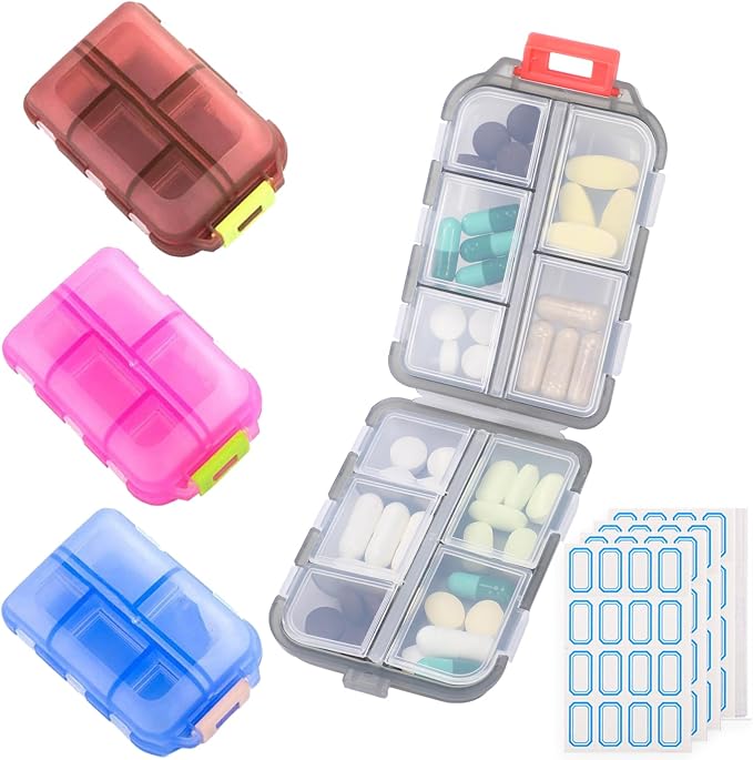 4PCS Travel Pill Organizer Portable Pocket Pill Case Small Pill Box for Purse Medicine Organizer Have 10 Compartments Storage Vitamin Fish Oil by INVODA (4 Pack+Lables)