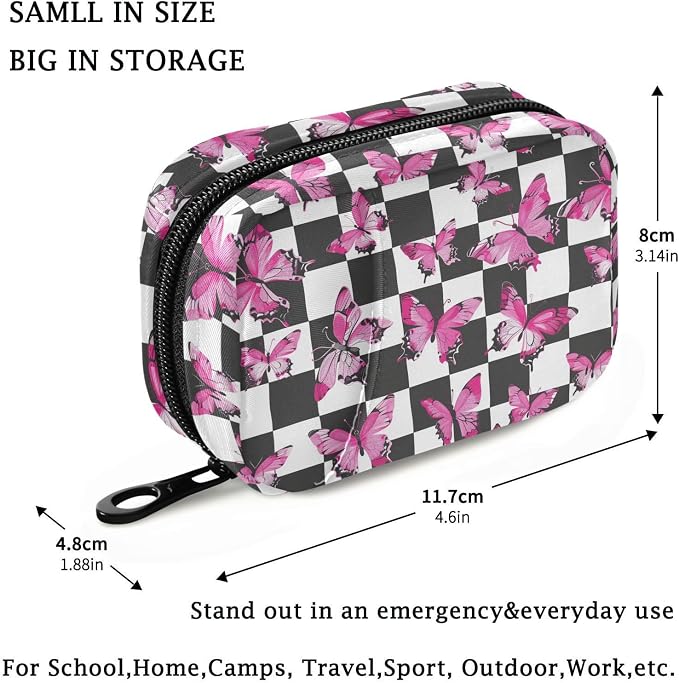 Fustylead Pink Butterflies Print Over Checkers Background Travel Pill Case Bag with Zipper Weekly Pill Box 8 Compartments 7 Day Personal Pill Case Purse Medicine Case Organizer