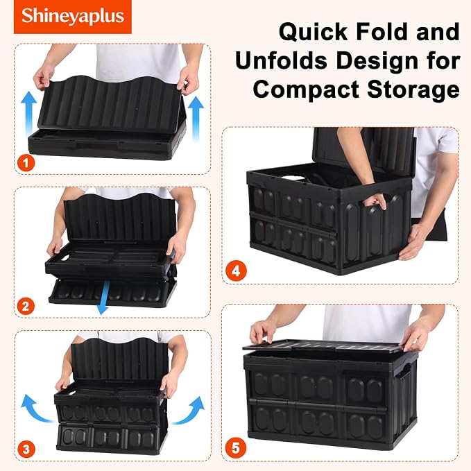 Plastic Collapsible Storage Bins with Lids, | 45L Stackable Plastic Crates, Holds 55 lbs Per Bins, Heavy Duty Containers for Home Organizing, Garage Tools & Camping