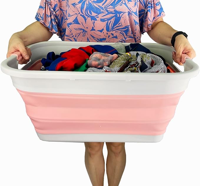 SAMMART 41L (10.8 gallon) Collapsible Plastic Laundry Basket - Foldable Pop Up Storage Container/Organizer - Portable Washing Tub - Space Saving (Grey/Quartz Pink, Rectangular)