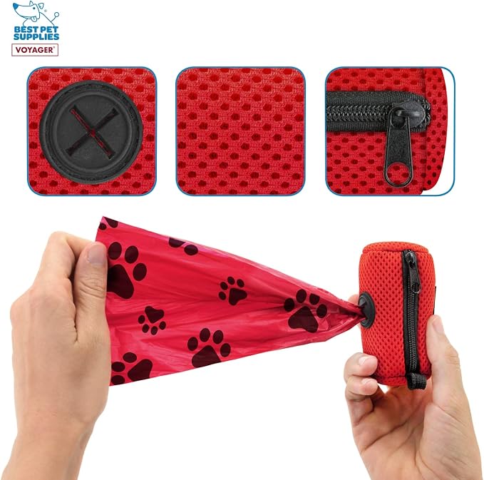 Best Pet Supplies Dog Poop Bag Holder Leash Attachment with Reusable Dispenser for Travel, Walking, Park, and Outdoor Use, Durable with Clip-On - Red, Pack of 2, Mesh Dispenser w/30 Bags