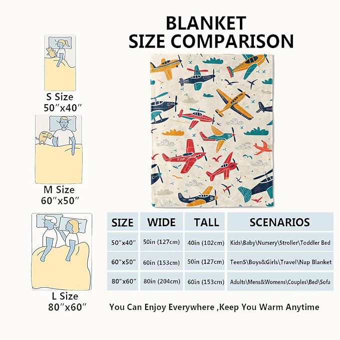 Airplane Blanket Aviation Adventure Colorful Planes and Clouds Throw Blankets Gifts for Kids Boys Lightweight Soft Fleece Cozy for Sofa Couch Bed Room Travel Birthday Party Decor 40x50in