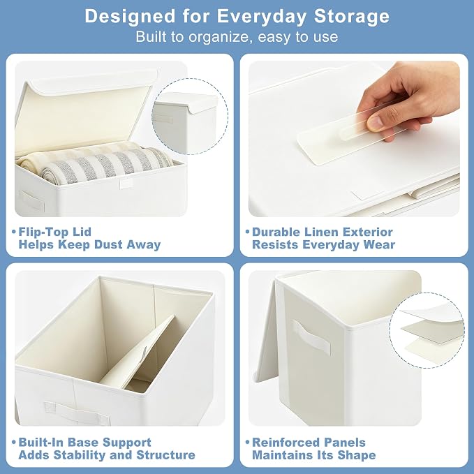 Large 22 Quart Linen Fabric Foldable Storage Bin Cube Organizer Basket with Flip-Top Lid & Handles, Clothes Blanket Box for Home, Office, Closet, White, 4 Pack 14.6 x 9.5 x 9.5”