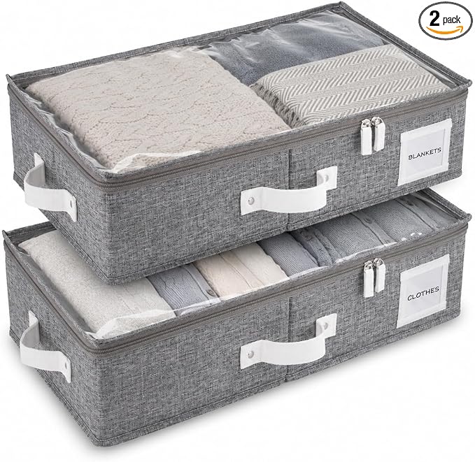 HOMELUX THEORY Under Bed Storage, Medium 2pc with Lid, Light Gray | Drawer-style pull-out design, Fits blankets, clothes, fabric & shoes, Bins with lids, Bedroom & closet storage