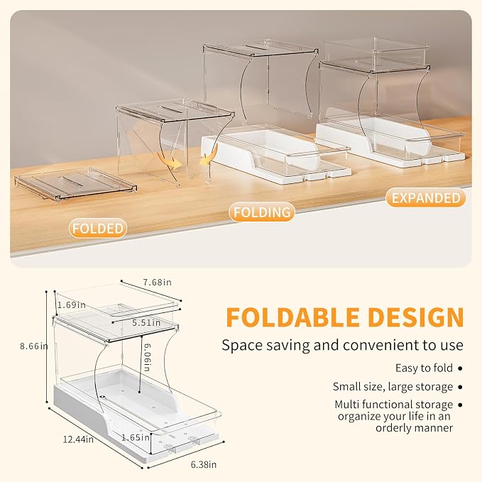 Jsyrjing 2 Pack Pull Out Spice Rack, 2 Tier Clear Cabinet Organizer | Rotating Pantry Organizer for Kitchen, Bathroom and Makeup Storage, Sliding Drawer Design for Under Sink Cabinets