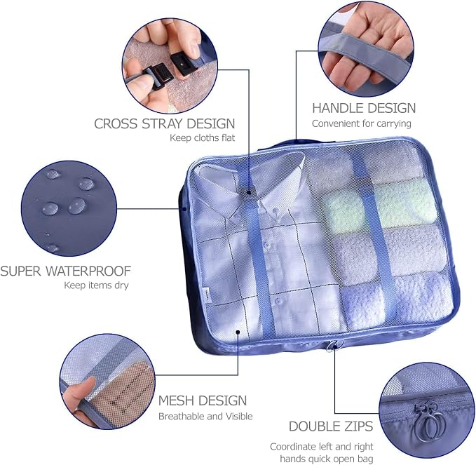 LANSKLBD 6/8 Set Packing Cubes for Suitcases Travel Luggage Packing Organizers,Travel Accessories Essentials Luggage Organizer with Shoe/Tioletry/Laundry Bag (Dark Blue, 6 set)