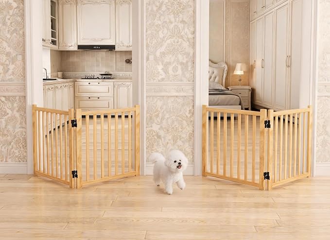 YOCAN Non-Painted Wooden Freestanding Dog Gates - 2 Panel H:23"(2PC) | Pet Gate for The House,Doorways, Stairs,Wood Dog Fences Indoor Pet Gate,Step Over Fence