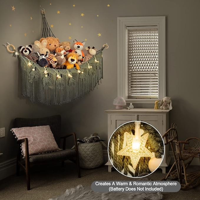 Macrame Stuffed Animal Storage with Star Light, Corner Hammock for Nursery | Corner Hanging Stuffed Animal Net Organizer for Girls' Room, Plushies Toy Wall Hanging Display Holder, Kid Gift