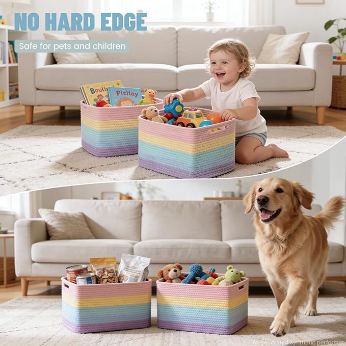 5 Pack Woven Storage Baskets, Decorative Storage Bins for Organizing | 13.8'' × 9.8'' × 7.9'', Cute Cotton Rope Basket Organizer for Closet, Shelves, bathroom, Nursery, Toys, Books, Rainbow