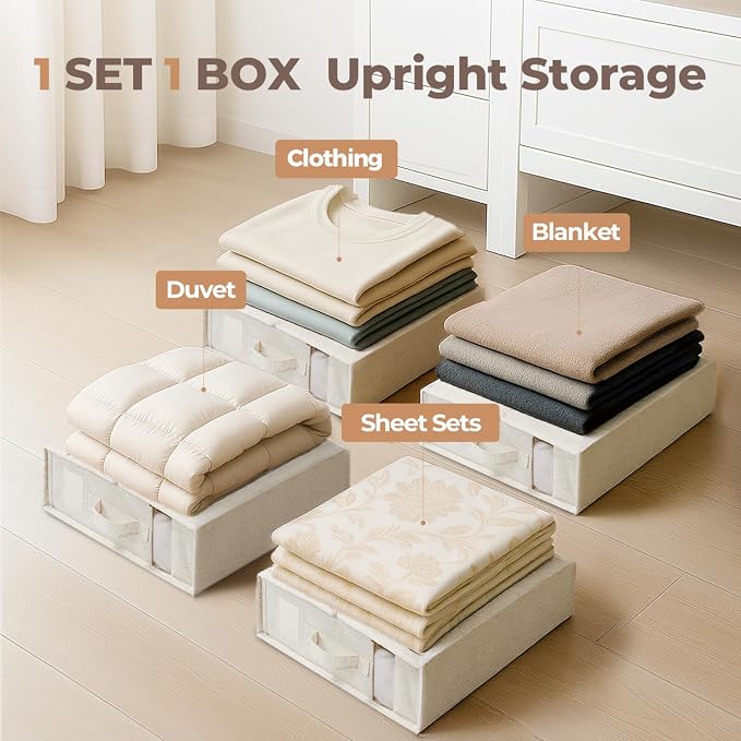 Cotton Linen Sheet Organizers and Storage, 12Pack Off-White | Undyed Natural Cotton Linen Fabric, Fits King and Queen Sheet Sets, Clear Window with Label Slot, Sturdy Foldable Organizer
