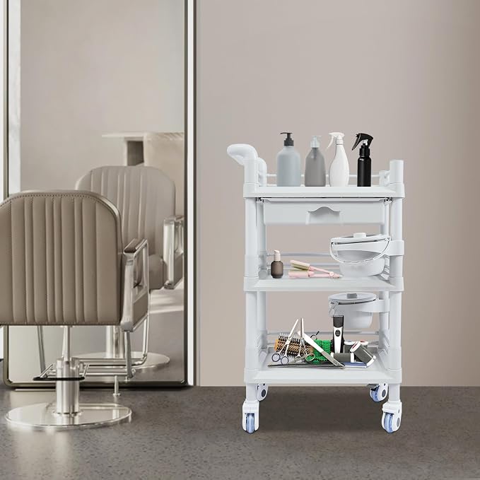 Mobile Salon Storage Cart with Wheel and Drawer, Portable 3-Tier Professional Trolleys, 176 Lbs Load Utility Tool, for Barber Stores, Spas, Homes, Beauty Store, Pet Shops (Grey)