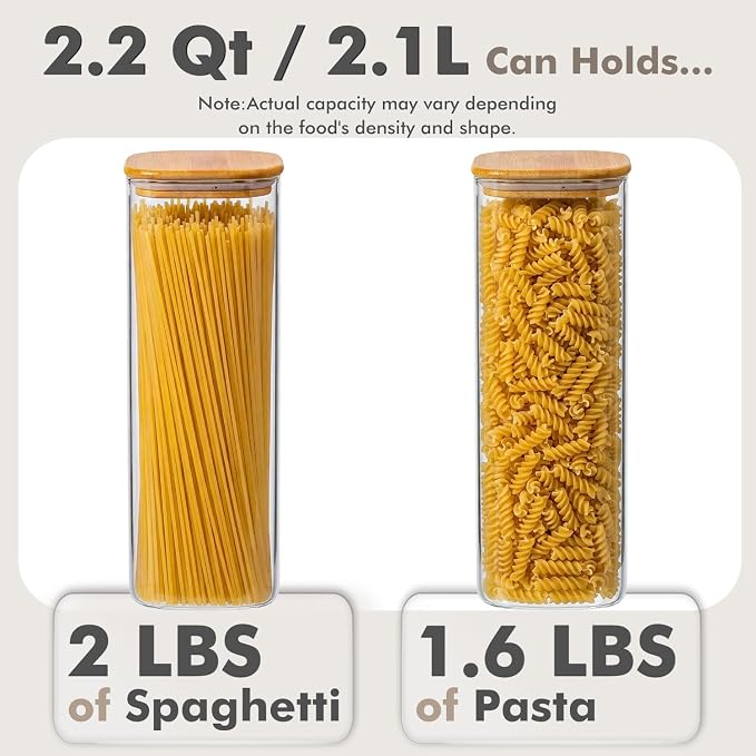 3-Pack 2.2Qt Square Glass Spaghetti Jars with Bamboo Lids | Minimalist Kitchen Organizer,Scandinavian Style Storage,Nordic Style Storage,Food Storage Canister for Pasta, Penne, Macaroni