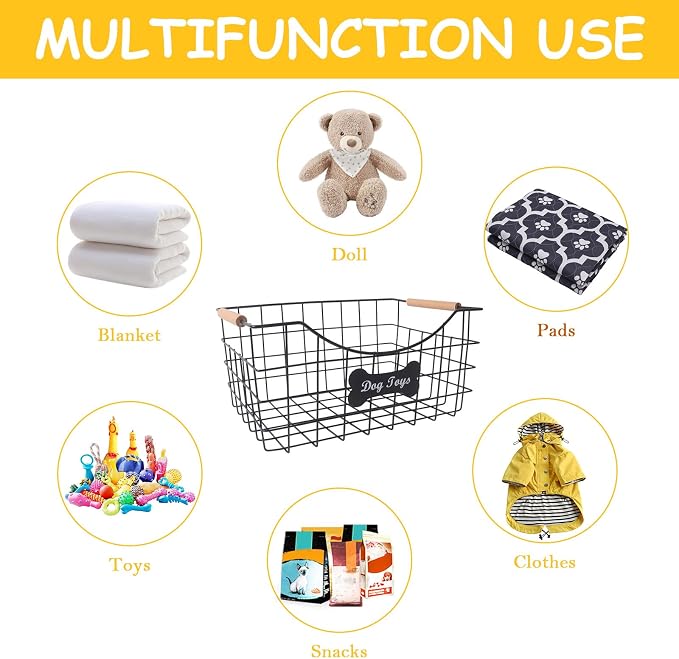 Metal Dog Toy Basket,Set of 2 Iron Wire Dog Toy Bin,Puppy Toy Box with Wooden Handle,Sturdy Dog Organizer Ideal for Leash,Blanket,Toys,Snacks,Accessories