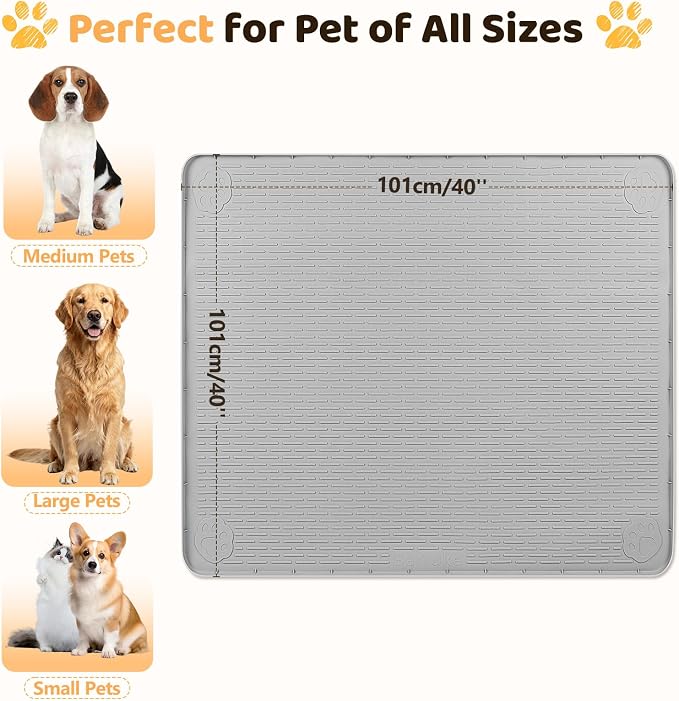 Silicone Dog Bed Mat 40"x 40" Crate Mat for Dog Cages, Light Grey | Extra Large Kennel Mat with Raised Edge, Washable, Leakproof, Waterproof Dog Mat for Crate, Dog Floor Mat to Protect Floors