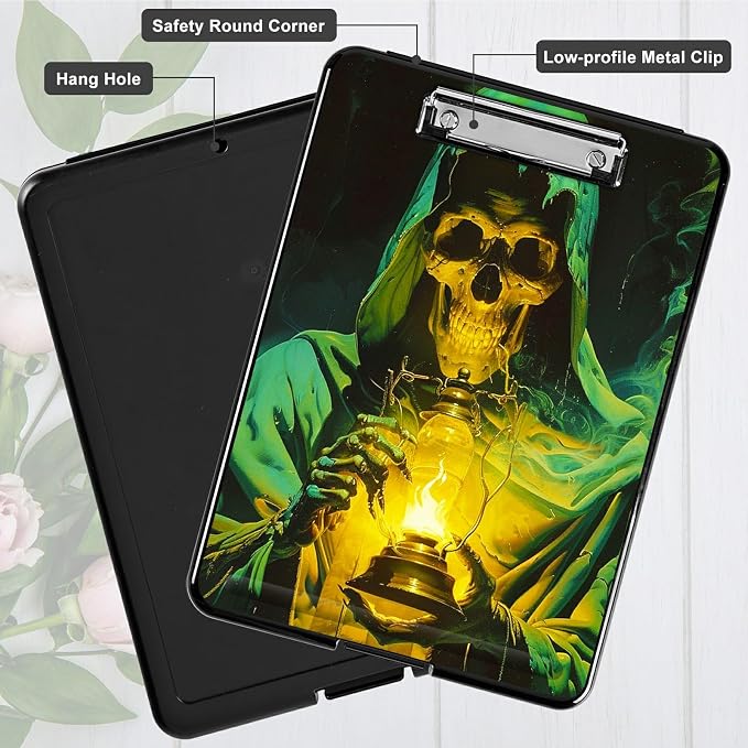 Green Skull Flame A4 Clipboard with Storage Pen Holder, Clipboards Organizer Nursing Clipboard Foldable File Folder Plastic Clipboard Folio Clip Board for Office Students Classroom Doctor