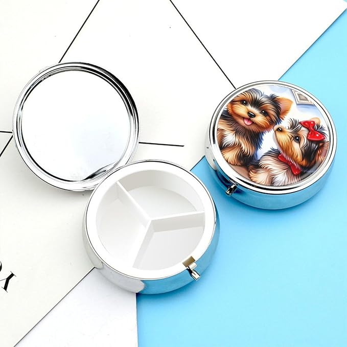 Two Pet Dog Metal Round Pill Box, 3 Compartment Travel Organizer, Portable Pill Container with Secure Latch, 2 Inch Circular Vitamin Caddy for Pills and Vitamins, Gift for Him Her Elderly