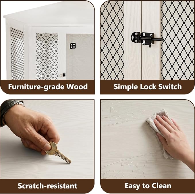 52" Corner Dog Crate Furniture, Wooden Dog Kennel Indoor | Corner Dog Kennel Furniture for Medium-Large Dogs, White Space-Saving Decorative Indoor Pet House with Mesh Door & Lock