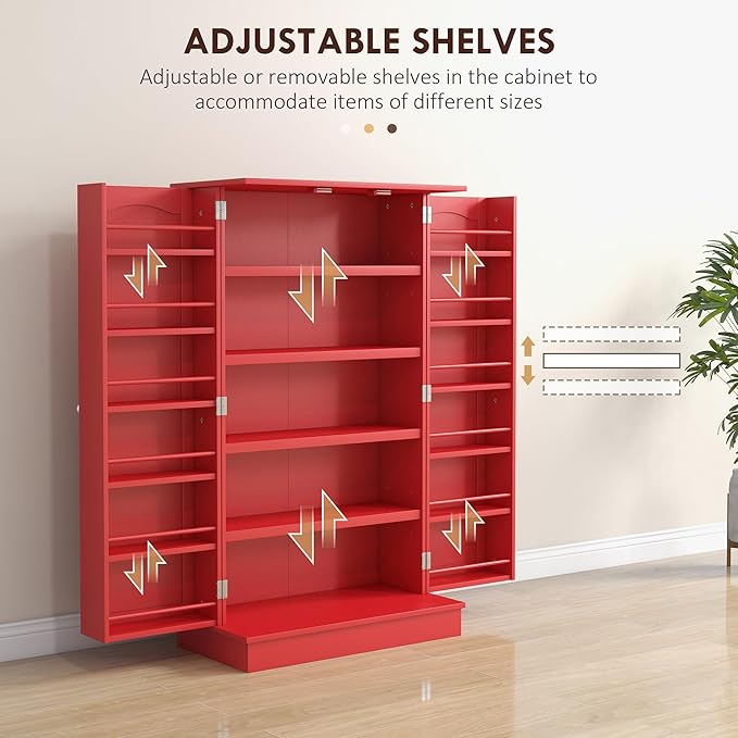 HOMCOM 41" Kitchen Pantry Storage Cabinet 12 Door Shelves Double Doors Red | Freestanding Kitchen Cabinet, 2 Doors, 5-Tier Shelving, Adjustable Shelves