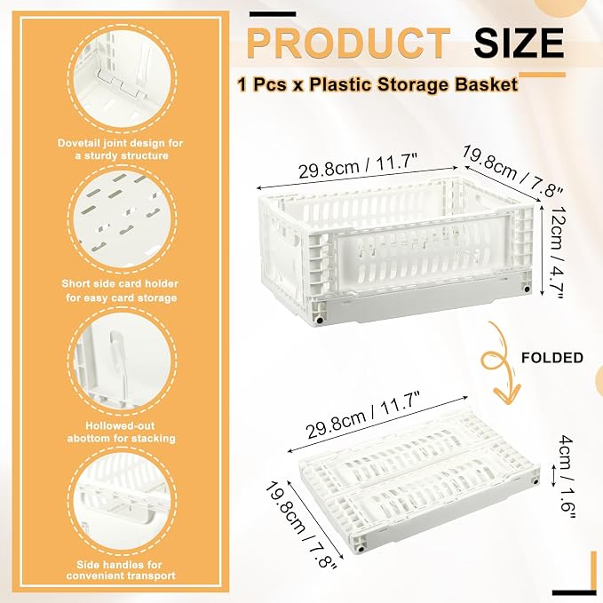 uxcell Collapsible Crates, 11.7x7.8x4.7 Stackable Plastic Storage Baskets with Handle Small Storage Containers for Bedroom Office Classroom Bathroom Desktop Organizer Decor, Apricot