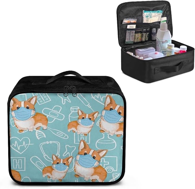 Cute Small First Aid Kit Travel Bag Empty Corgi Pattern Camping First Aid Kit Bag Portable Medical Equipment Bag Kawaii Kids Medicine Travel Kit Bag for School Kids Dorm Student Blue