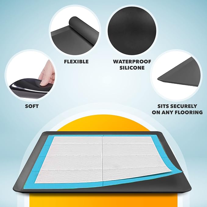 Dog Pee Pad Holder - Fits Up to 24” x 24” Pee Pad - 1 Pack - Black | Stable Grip, Raised Edges, Quick-Wipe Silicone Surface Dog Potty Tray Holder for Indoor Flooring Protection