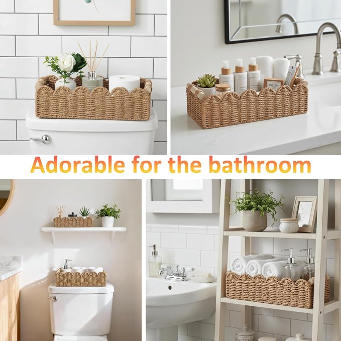2PCS Paper Rope Scalloped Edge Toilet Paper Storage Basket for Bathroom | Basket for Over Toilet Shelves Storage Containers for Bathroom Decor Baskets for Toilet Storage Home Decor