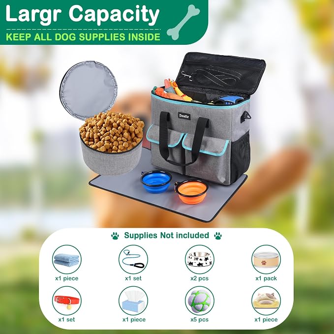 Dog Travel Bag - Dog Travel Kit for a Weekend Away Set Includes Pet Travel Bag Organizer for Accessories, 2 Collapsible Bowls, 2 Travel Food Container