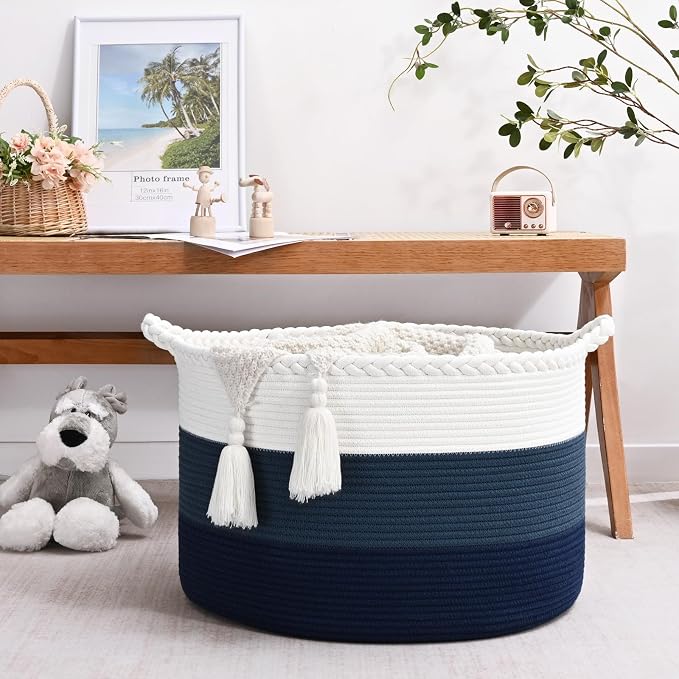 67L Large Woven Blanket Basket, Cotton Rope Baby Laundry Hamper with Handles, Kids Toy Basket for Classroom & Nursery, Soft Round Stuffed Animal Storage, Dog Toy Bin - 20"x13", Dark Blue