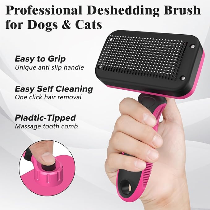 2PCS Self Cleaning Slicker Brush & Dog Comb - Skin Friendly Deshedding Grooming Tool for Dogs, Cats and Small Animals, Professional Deshedding Dematting Tool for Long and Short Haired Pets (Red)