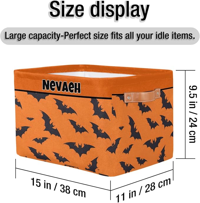 Personalized Kids Toy Box Name, Custom Nursery Baskets Cubes Box, Girls Custom Storage Basket Laundry Baskets Organizer with Handles, Black Bats Pattern Orange Background