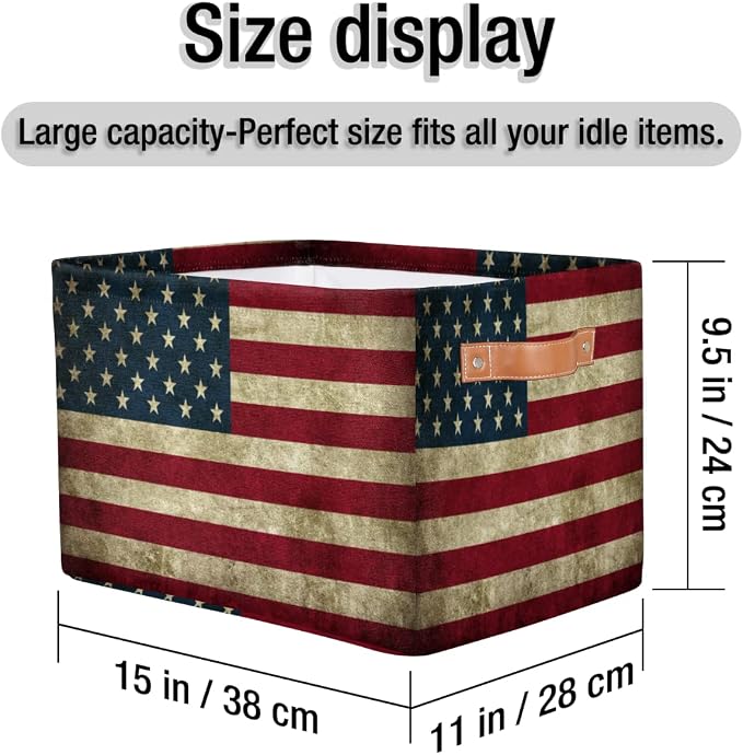 Pardick Storage Basket American USA Flag, Large Foldable Organizer Storage Bins for Shelves, Sturdy Canvas Cubes Storage Boxes with Handles for Toys Closet Nursery Office Living Room 15" x 11" x 9.5"
